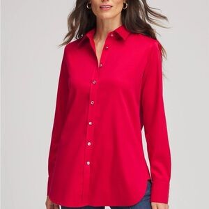 Chico's No Iron Button Down Shirt Size 12 Size Crisp Apple Red Classic